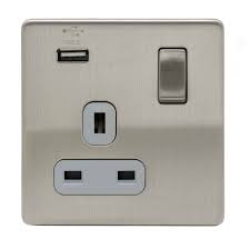 D-S131USB-BCG 1 Gang Switched Socket With 2.1A USB Port Grey Insert Brushed Chrome